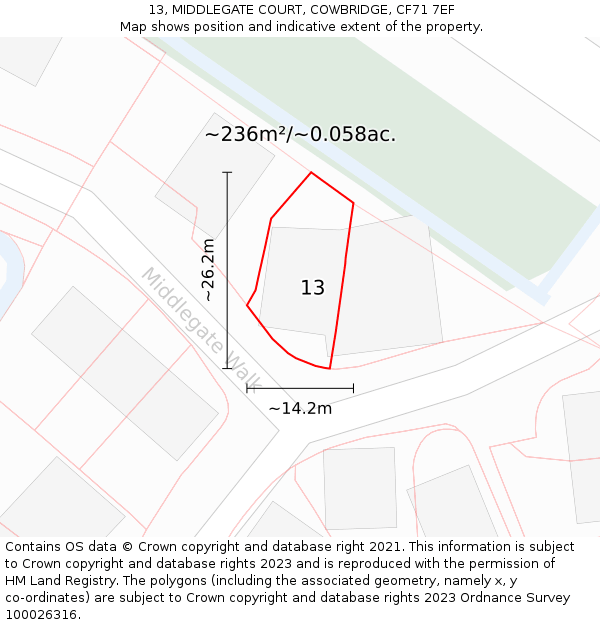 13, MIDDLEGATE COURT, COWBRIDGE, CF71 7EF: Plot and title map