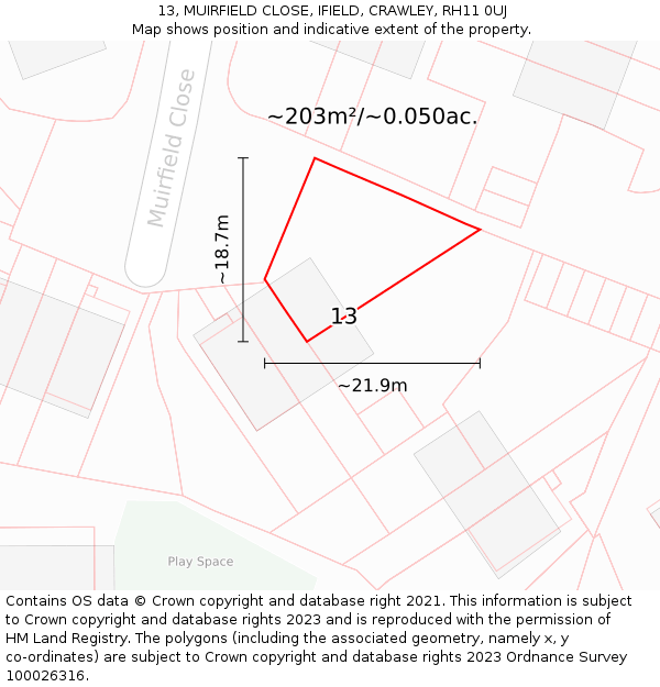 13, MUIRFIELD CLOSE, IFIELD, CRAWLEY, RH11 0UJ: Plot and title map
