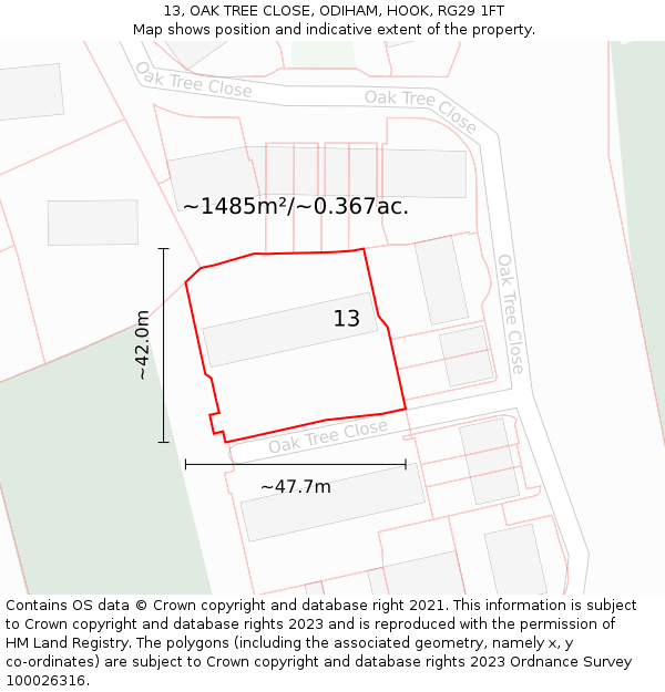 13, OAK TREE CLOSE, ODIHAM, HOOK, RG29 1FT: Plot and title map