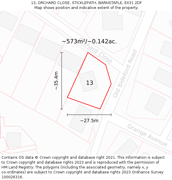 13, ORCHARD CLOSE, STICKLEPATH, BARNSTAPLE, EX31 2DF: Plot and title map