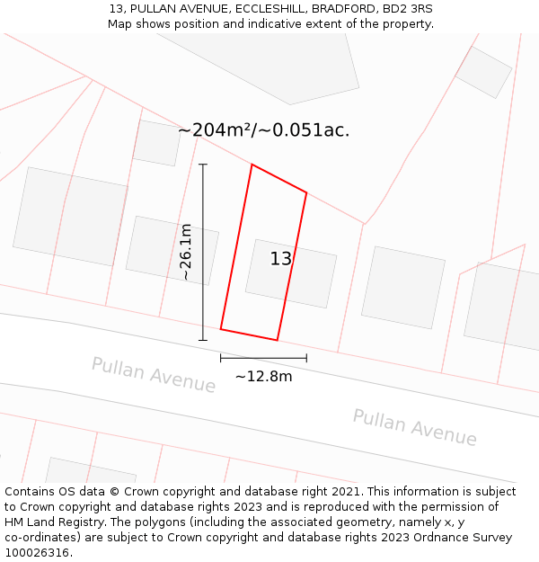 13, PULLAN AVENUE, ECCLESHILL, BRADFORD, BD2 3RS: Plot and title map
