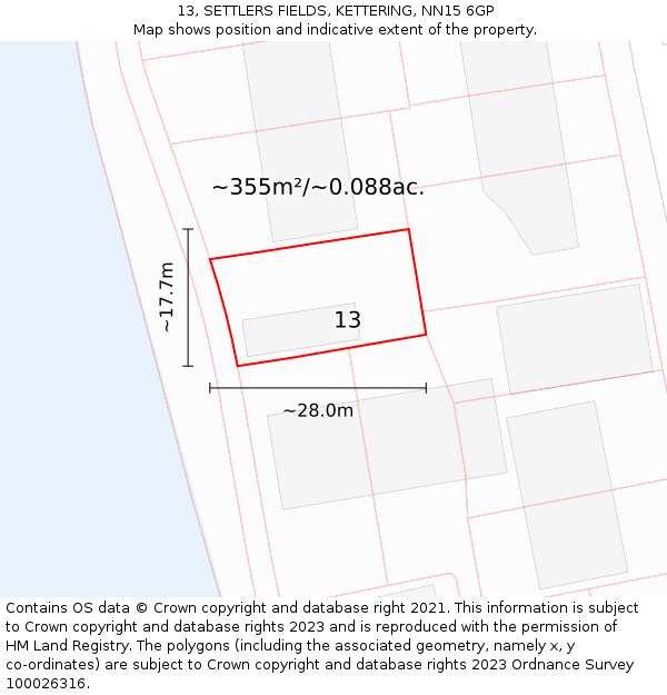 13, SETTLERS FIELDS, KETTERING, NN15 6GP: Plot and title map