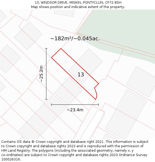 13, WINDSOR DRIVE, MISKIN, PONTYCLUN, CF72 8SH: Plot and title map