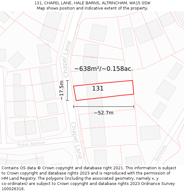 131, CHAPEL LANE, HALE BARNS, ALTRINCHAM, WA15 0SW: Plot and title map