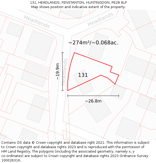 131, HEADLANDS, FENSTANTON, HUNTINGDON, PE28 9LP: Plot and title map
