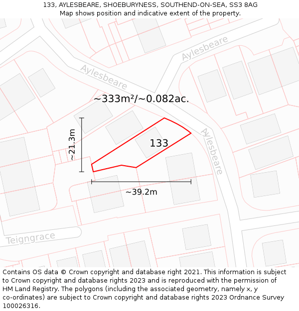 133, AYLESBEARE, SHOEBURYNESS, SOUTHEND-ON-SEA, SS3 8AG: Plot and title map