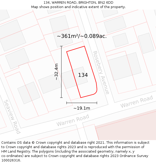 134, WARREN ROAD, BRIGHTON, BN2 6DD: Plot and title map