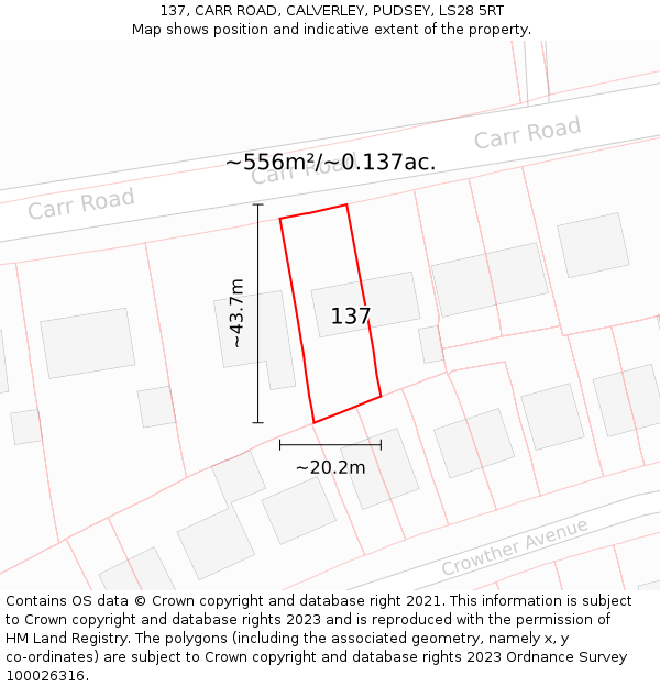 137, CARR ROAD, CALVERLEY, PUDSEY, LS28 5RT: Plot and title map