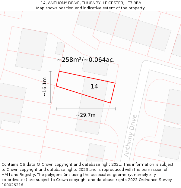 14, ANTHONY DRIVE, THURNBY, LEICESTER, LE7 9RA: Plot and title map