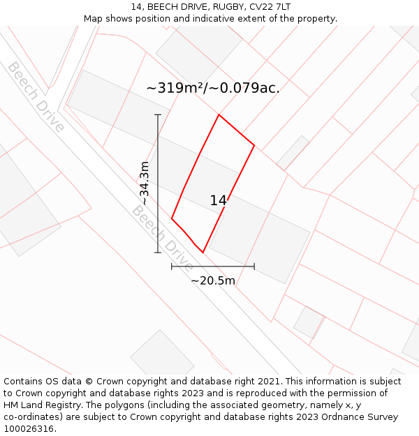 14, BEECH DRIVE, RUGBY, CV22 7LT: Plot and title map
