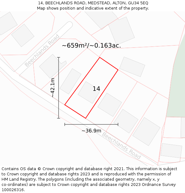 14, BEECHLANDS ROAD, MEDSTEAD, ALTON, GU34 5EQ: Plot and title map