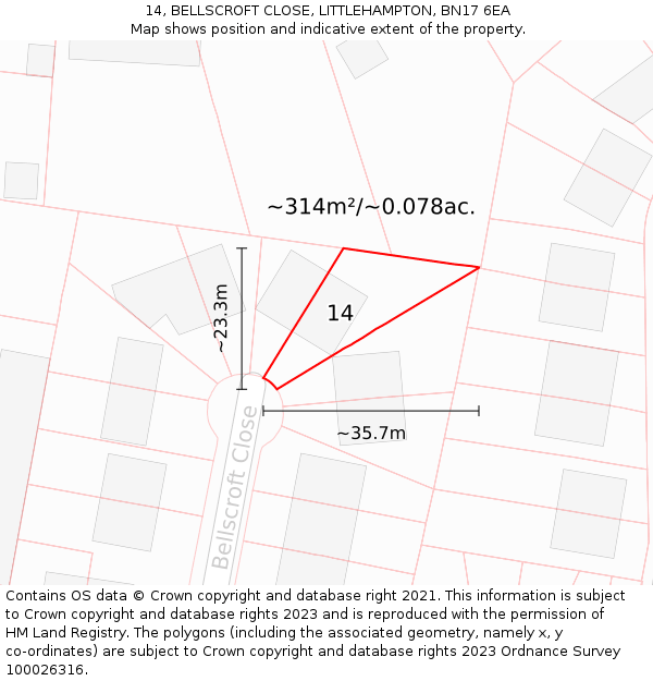 14, BELLSCROFT CLOSE, LITTLEHAMPTON, BN17 6EA: Plot and title map