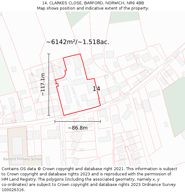 14, CLARKES CLOSE, BARFORD, NORWICH, NR9 4BB: Plot and title map