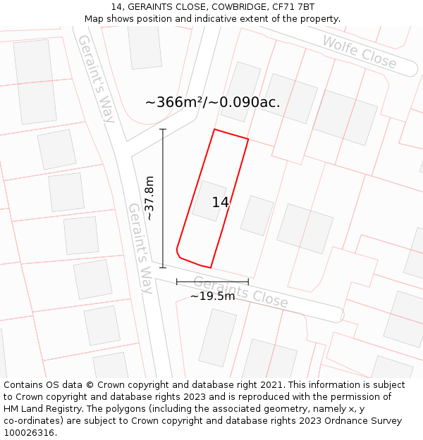 14, GERAINTS CLOSE, COWBRIDGE, CF71 7BT: Plot and title map