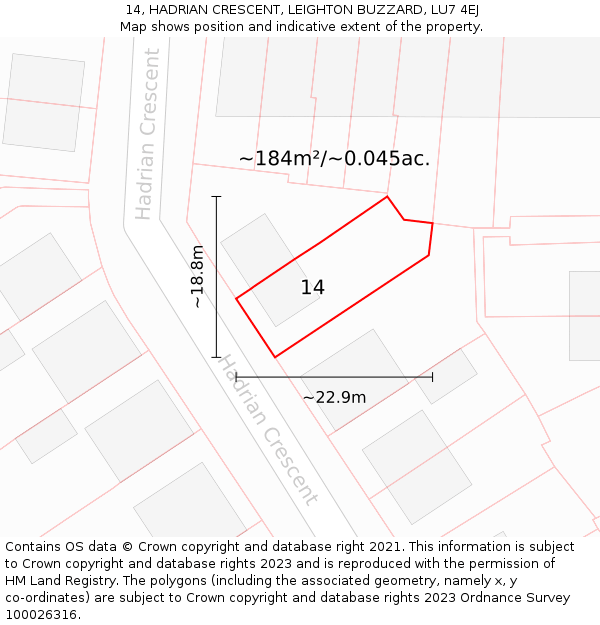 14, HADRIAN CRESCENT, LEIGHTON BUZZARD, LU7 4EJ: Plot and title map