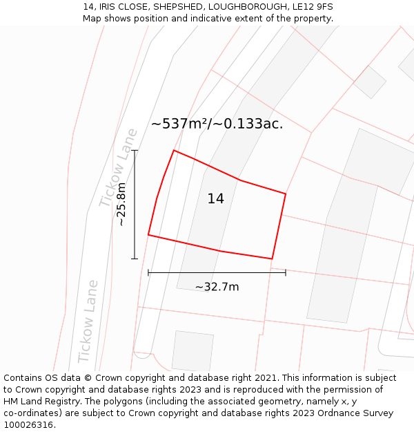 14, IRIS CLOSE, SHEPSHED, LOUGHBOROUGH, LE12 9FS: Plot and title map