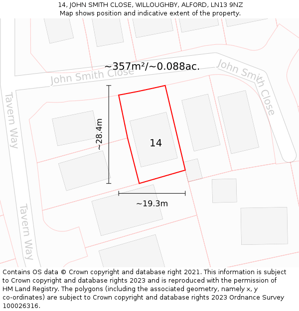 14, JOHN SMITH CLOSE, WILLOUGHBY, ALFORD, LN13 9NZ: Plot and title map