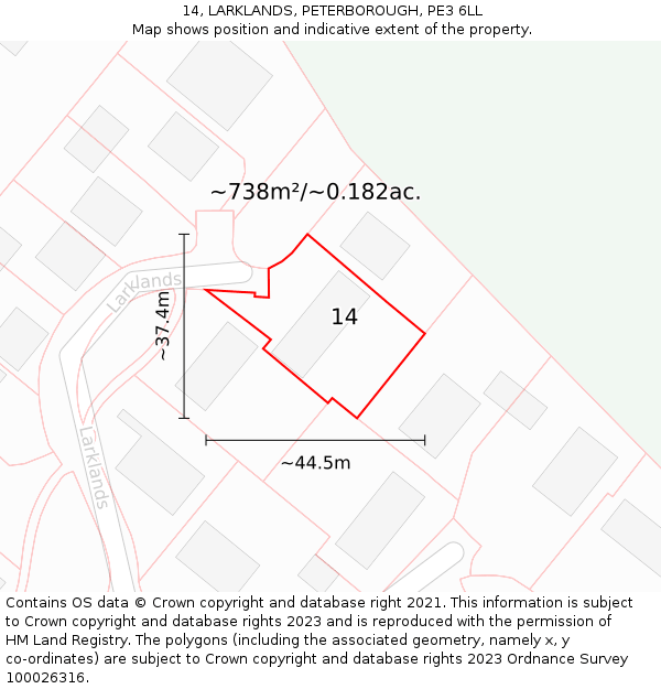14, LARKLANDS, PETERBOROUGH, PE3 6LL: Plot and title map