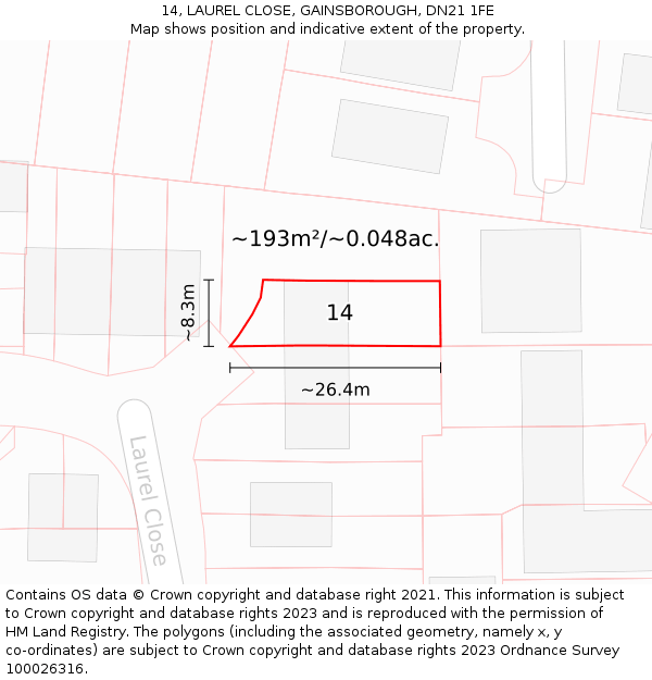 14, LAUREL CLOSE, GAINSBOROUGH, DN21 1FE: Plot and title map