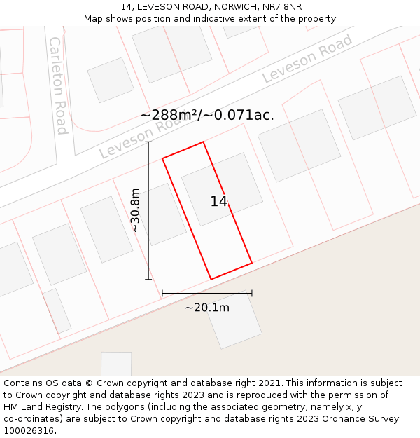 14, LEVESON ROAD, NORWICH, NR7 8NR: Plot and title map