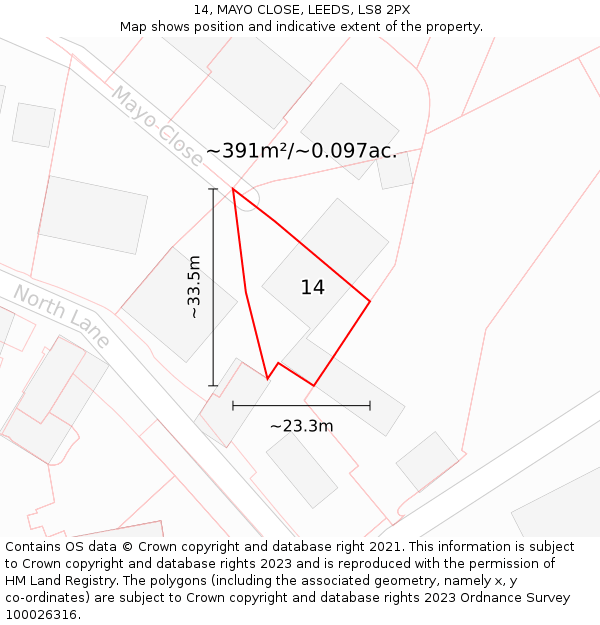 14, MAYO CLOSE, LEEDS, LS8 2PX: Plot and title map