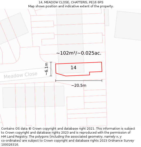 14, MEADOW CLOSE, CHATTERIS, PE16 6PS: Plot and title map