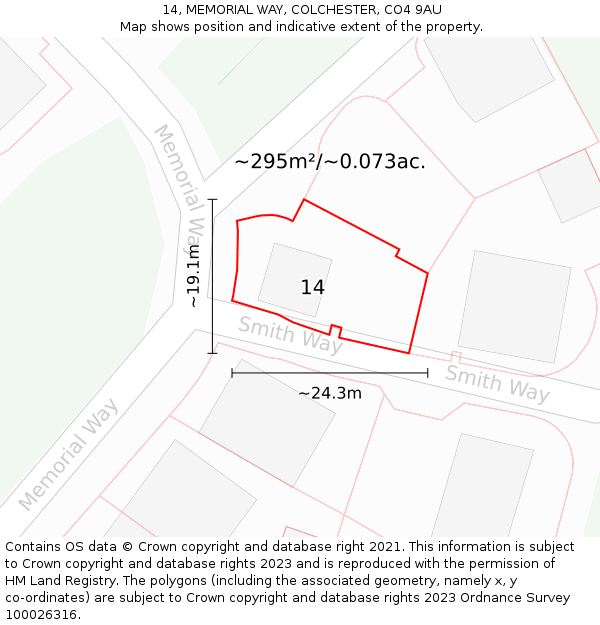 14, MEMORIAL WAY, COLCHESTER, CO4 9AU: Plot and title map