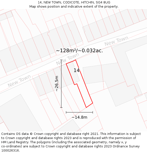 14, NEW TOWN, CODICOTE, HITCHIN, SG4 8UG: Plot and title map