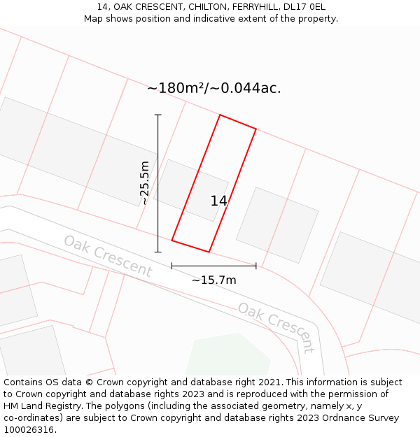 14, OAK CRESCENT, CHILTON, FERRYHILL, DL17 0EL: Plot and title map