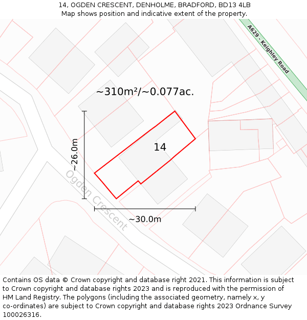 14, OGDEN CRESCENT, DENHOLME, BRADFORD, BD13 4LB: Plot and title map