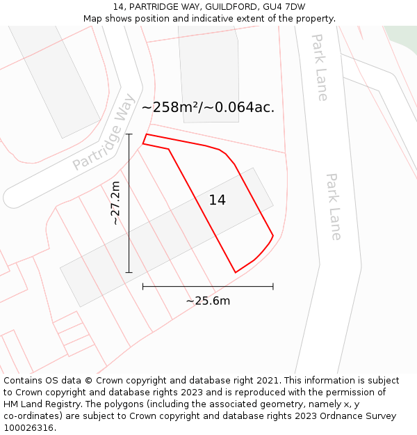 14, PARTRIDGE WAY, GUILDFORD, GU4 7DW: Plot and title map