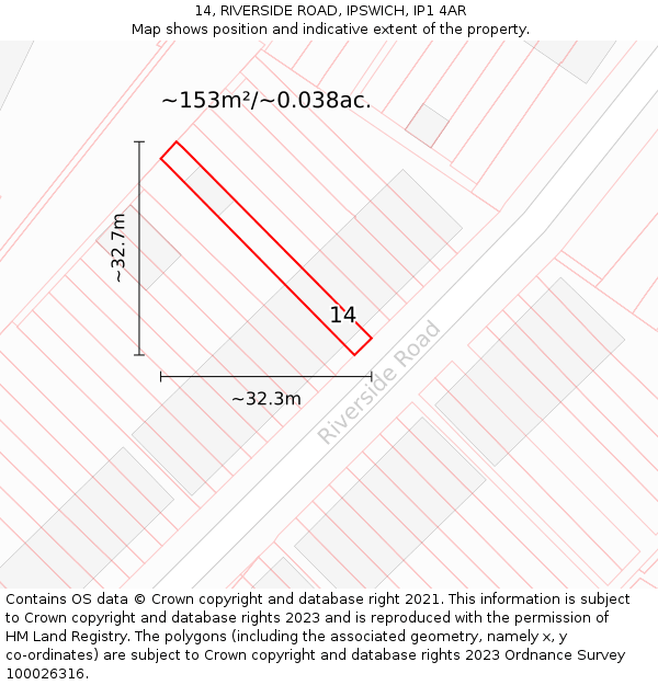 14, RIVERSIDE ROAD, IPSWICH, IP1 4AR: Plot and title map