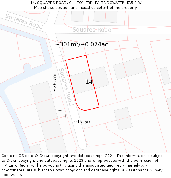 14, SQUARES ROAD, CHILTON TRINITY, BRIDGWATER, TA5 2LW: Plot and title map