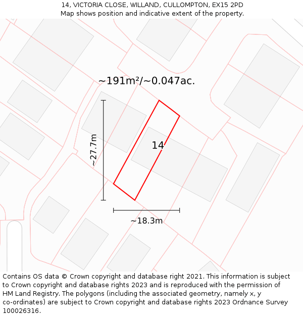 14, VICTORIA CLOSE, WILLAND, CULLOMPTON, EX15 2PD: Plot and title map
