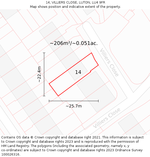 14, VILLIERS CLOSE, LUTON, LU4 9FR: Plot and title map