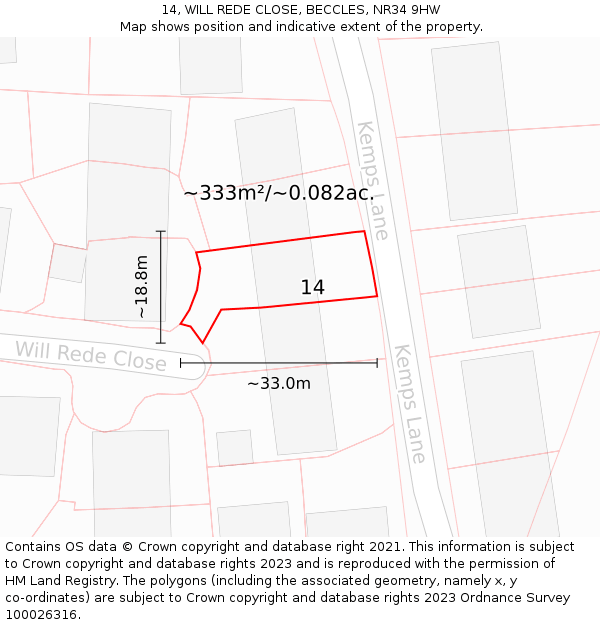 14, WILL REDE CLOSE, BECCLES, NR34 9HW: Plot and title map