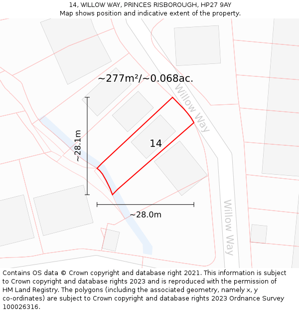 14, WILLOW WAY, PRINCES RISBOROUGH, HP27 9AY: Plot and title map