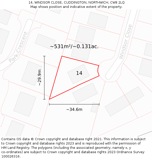 14, WINDSOR CLOSE, CUDDINGTON, NORTHWICH, CW8 2LQ: Plot and title map
