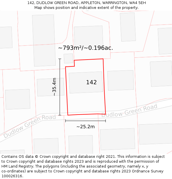 142, DUDLOW GREEN ROAD, APPLETON, WARRINGTON, WA4 5EH: Plot and title map