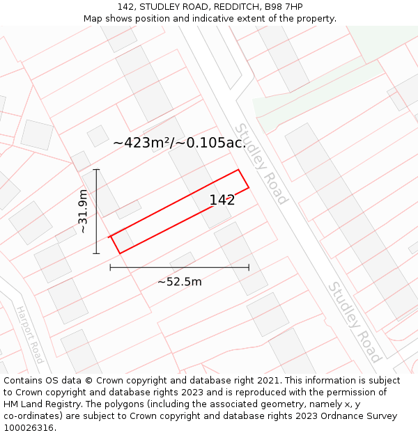 142, STUDLEY ROAD, REDDITCH, B98 7HP: Plot and title map