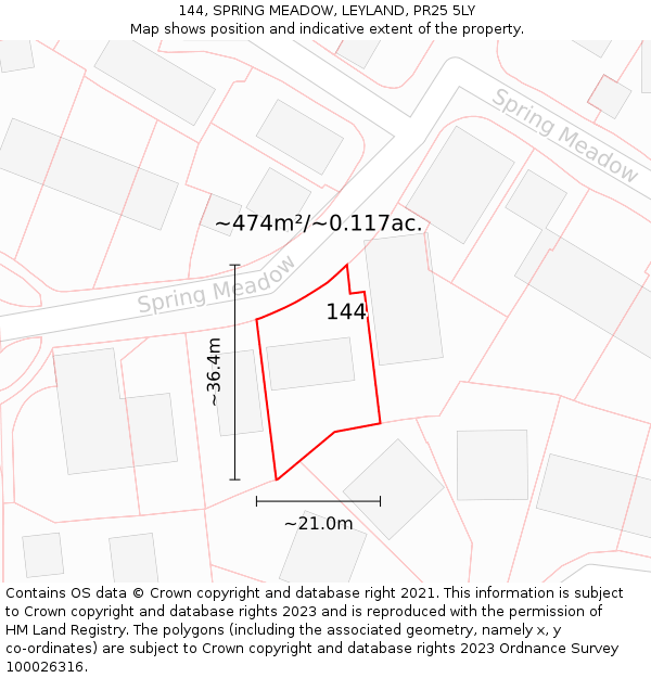 144, SPRING MEADOW, LEYLAND, PR25 5LY: Plot and title map