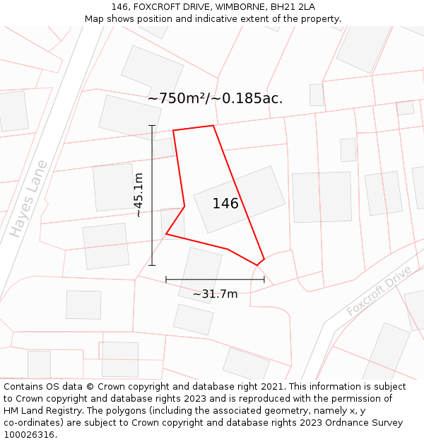 146, FOXCROFT DRIVE, WIMBORNE, BH21 2LA: Plot and title map