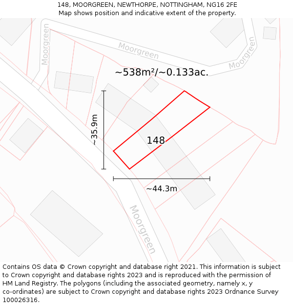 148, MOORGREEN, NEWTHORPE, NOTTINGHAM, NG16 2FE: Plot and title map