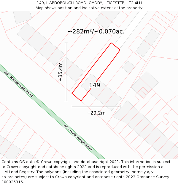 149, HARBOROUGH ROAD, OADBY, LEICESTER, LE2 4LH: Plot and title map