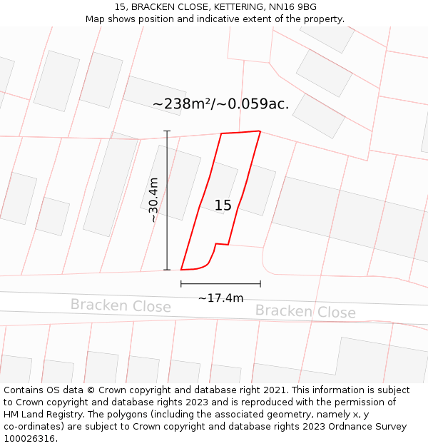 15, BRACKEN CLOSE, KETTERING, NN16 9BG: Plot and title map