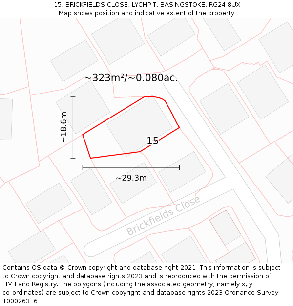 15, BRICKFIELDS CLOSE, LYCHPIT, BASINGSTOKE, RG24 8UX: Plot and title map