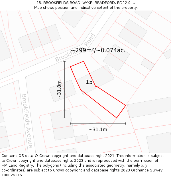 15, BROOKFIELDS ROAD, WYKE, BRADFORD, BD12 9LU: Plot and title map