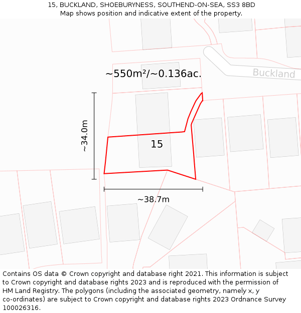 15, BUCKLAND, SHOEBURYNESS, SOUTHEND-ON-SEA, SS3 8BD: Plot and title map