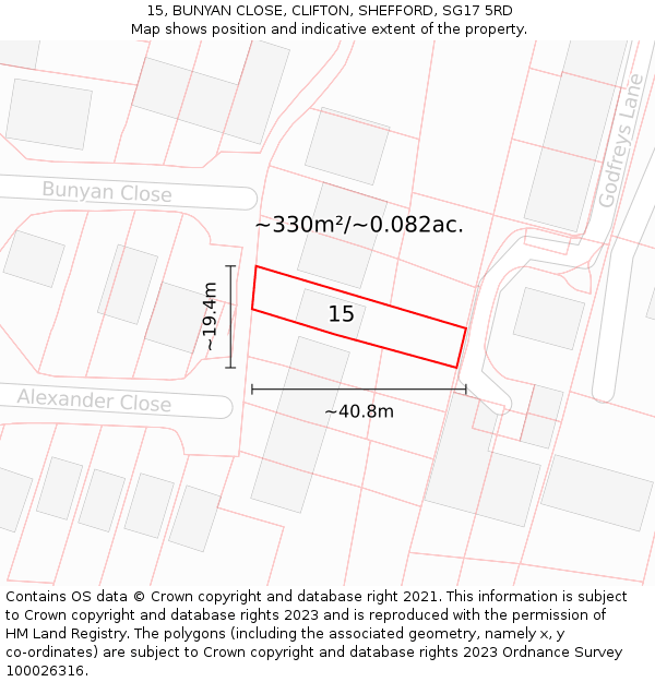 15, BUNYAN CLOSE, CLIFTON, SHEFFORD, SG17 5RD: Plot and title map