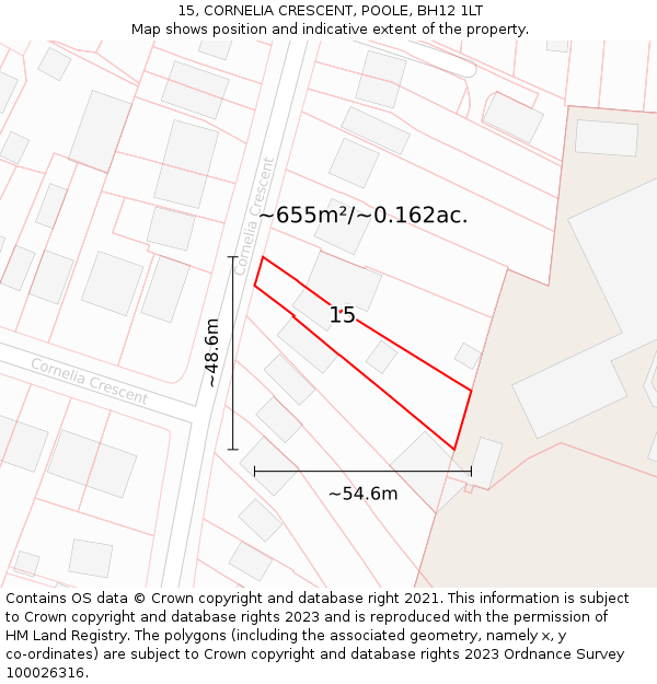15, CORNELIA CRESCENT, POOLE, BH12 1LT: Plot and title map